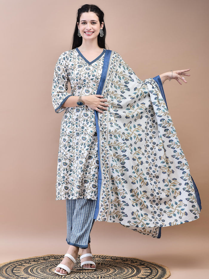 Women Cotton Off-White Blue Floral Print Kurta Comfort Pant Dupatta.