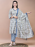 Women Cotton Off-White Blue Floral Print Kurta Comfort Pant Dupatta.