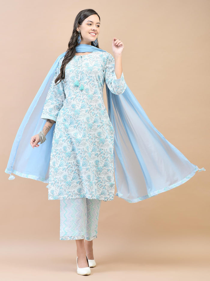 Women Cotton Blue Floral Print Kurta Comfort Pant Dupatta.