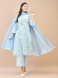 Women Cotton Blue Floral Print Kurta Comfort Pant Dupatta.