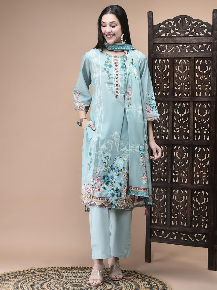 Women Cotton Blue Floral Print Kurta Comfort Pant Dupatta.