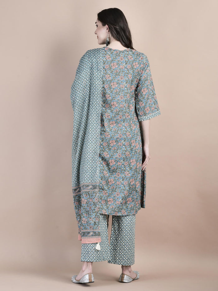Women Cotton Blue Floral Print Kurta Comfort Pant Dupatta.