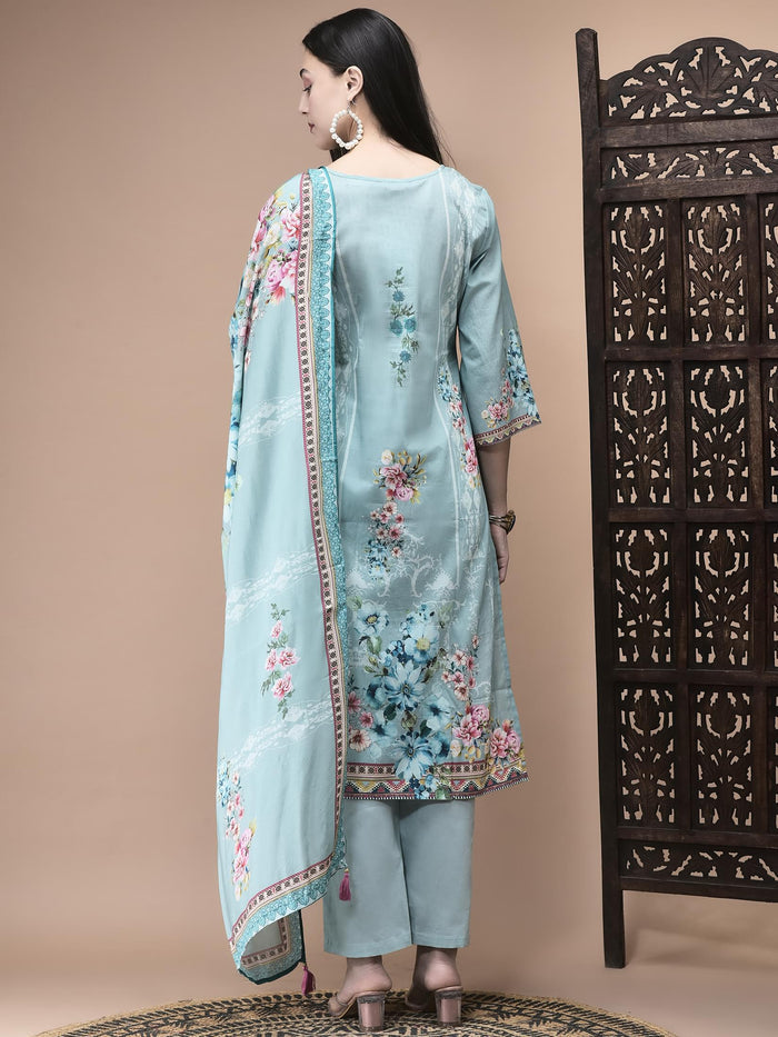 Women Cotton Blue Floral Print Kurta Comfort Pant Dupatta.