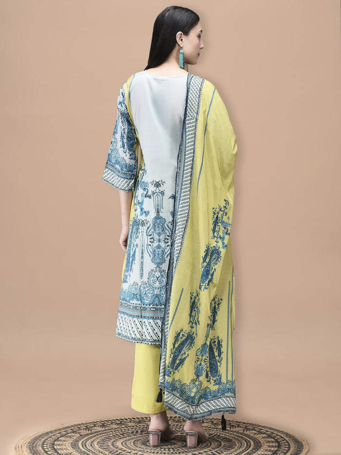 Women Cotton Blue Floral Print Kurta Comfort Pant Dupatta.