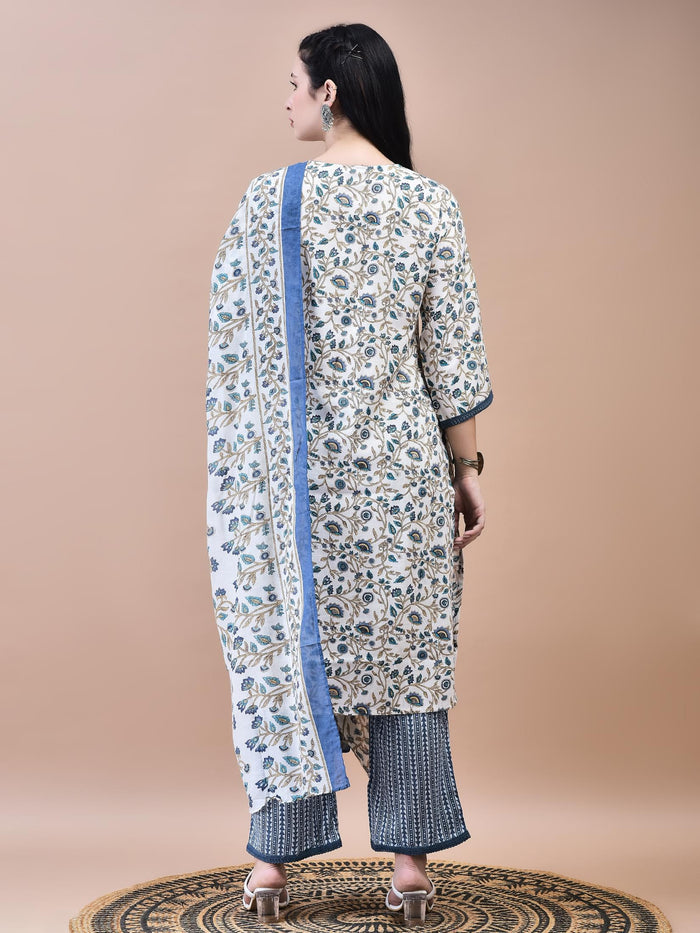 Women Cotton Off-White Blue Floral Print Kurta Comfort Pant Dupatta.