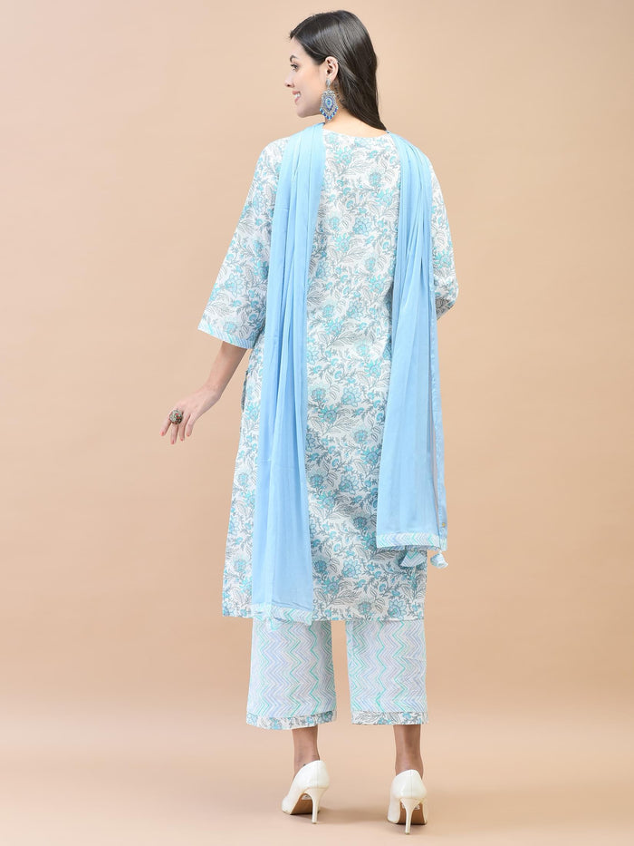 Women Cotton Blue Floral Print Kurta Comfort Pant Dupatta.