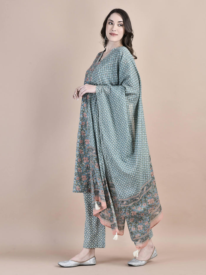 Women Cotton Blue Floral Print Kurta Comfort Pant Dupatta.