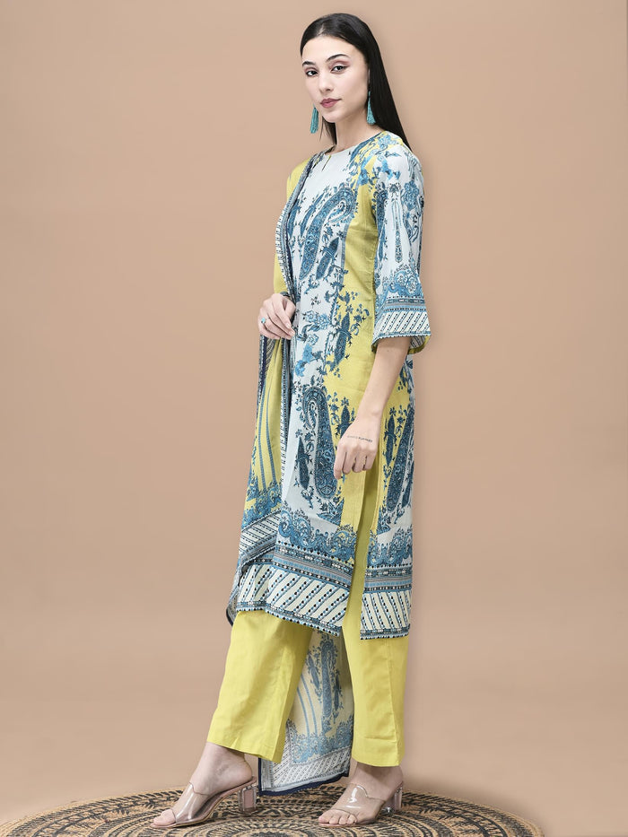 Women Cotton Blue Floral Print Kurta Comfort Pant Dupatta.