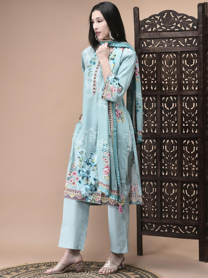 Women Cotton Blue Floral Print Kurta Comfort Pant Dupatta.