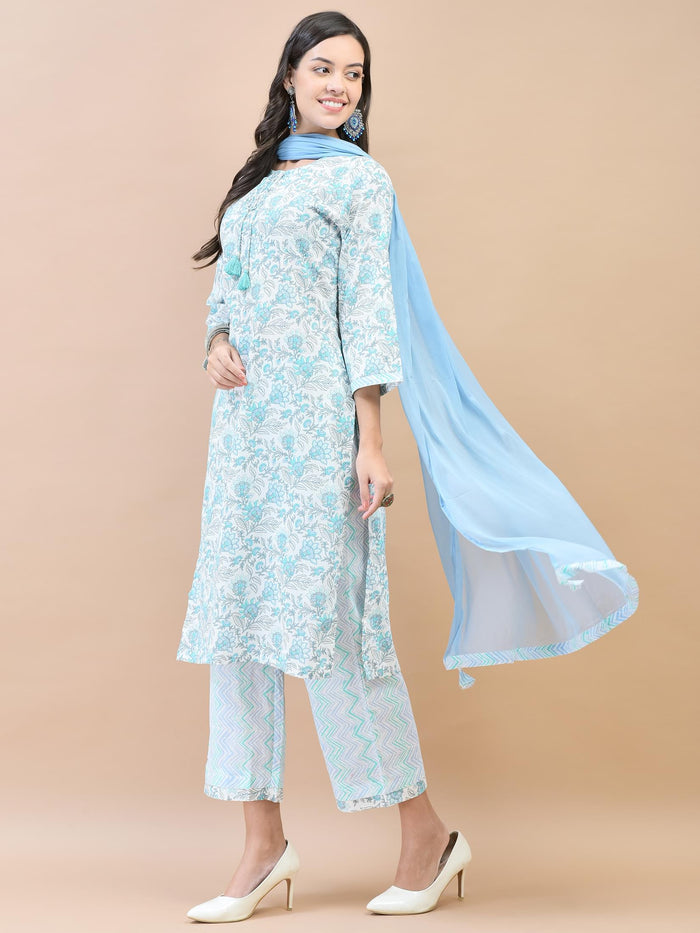 Women Cotton Blue Floral Print Kurta Comfort Pant Dupatta.