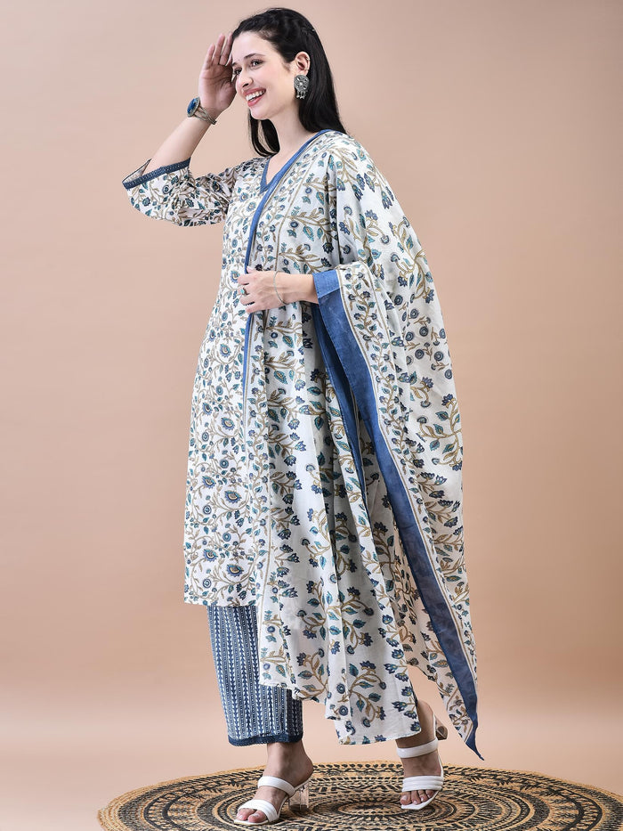 Women Cotton Off-White Blue Floral Print Kurta Comfort Pant Dupatta.