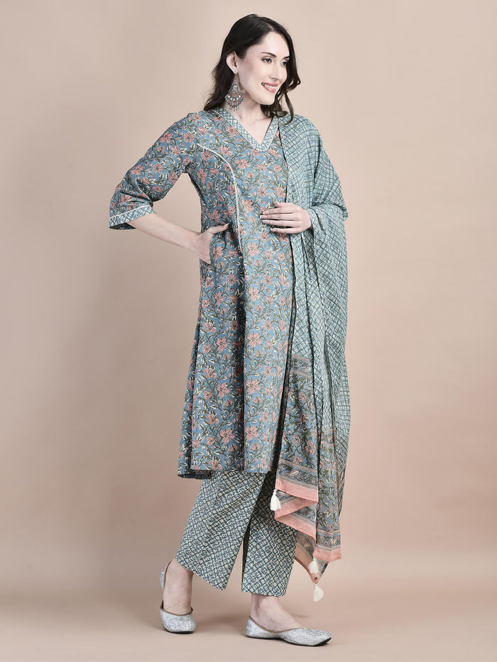 Women Cotton Blue Floral Print Kurta Comfort Pant Dupatta.