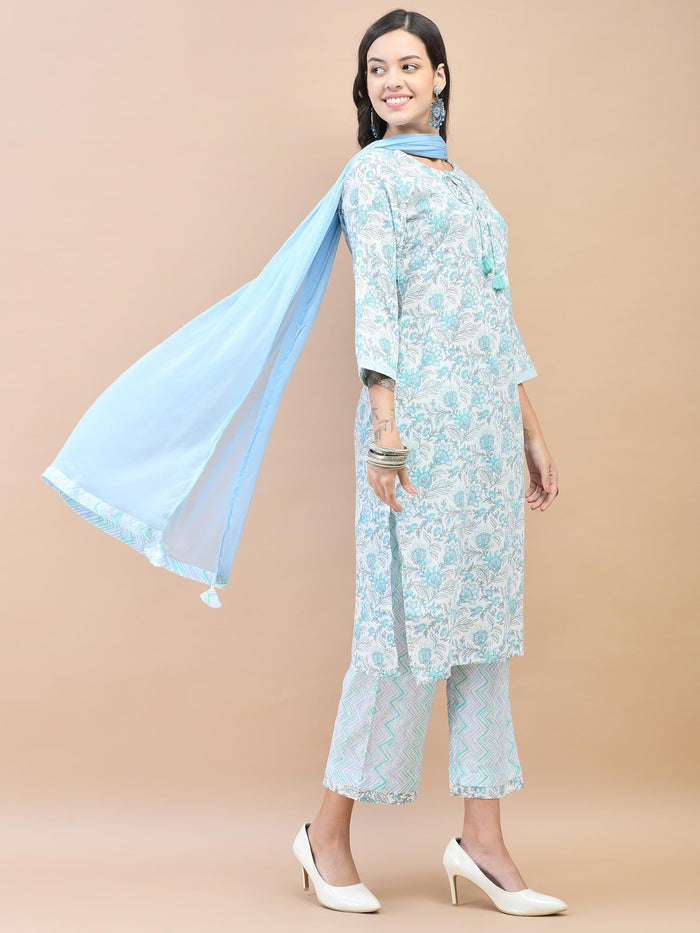 Women Cotton Blue Floral Print Kurta Comfort Pant Dupatta.