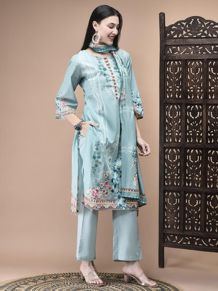 Women Cotton Blue Floral Print Kurta Comfort Pant Dupatta.