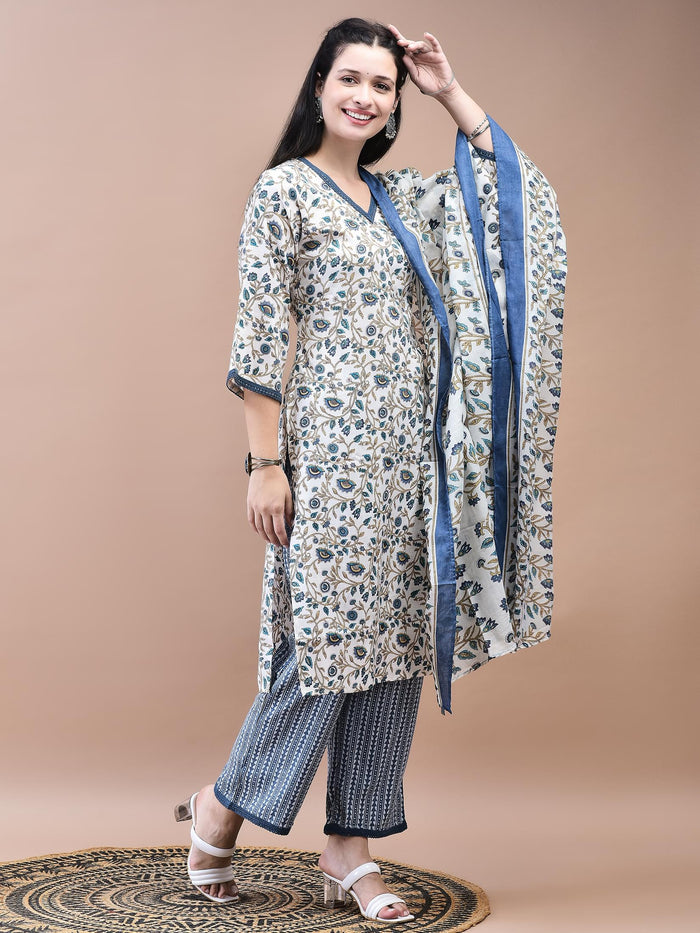 Women Cotton Off-White Blue Floral Print Kurta Comfort Pant Dupatta.