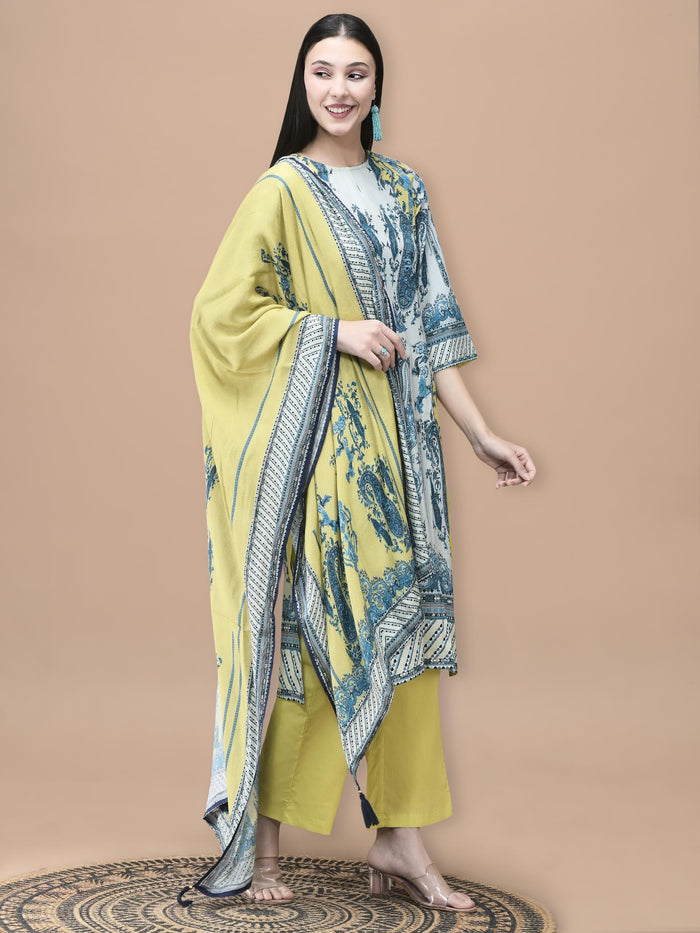 Women Cotton Blue Floral Print Kurta Comfort Pant Dupatta.