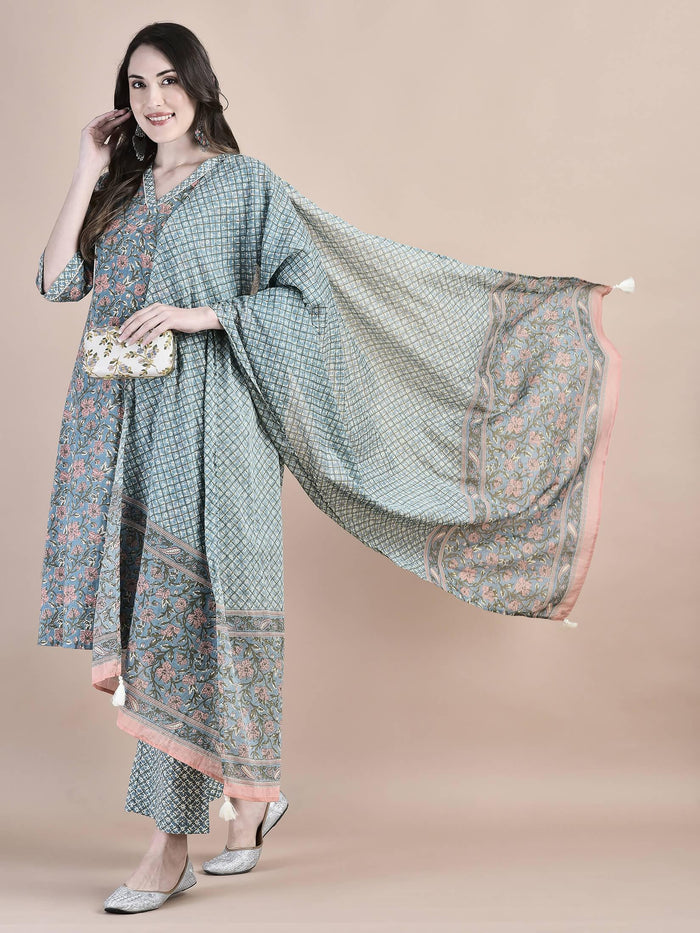 Women Cotton Blue Floral Print Kurta Comfort Pant Dupatta.