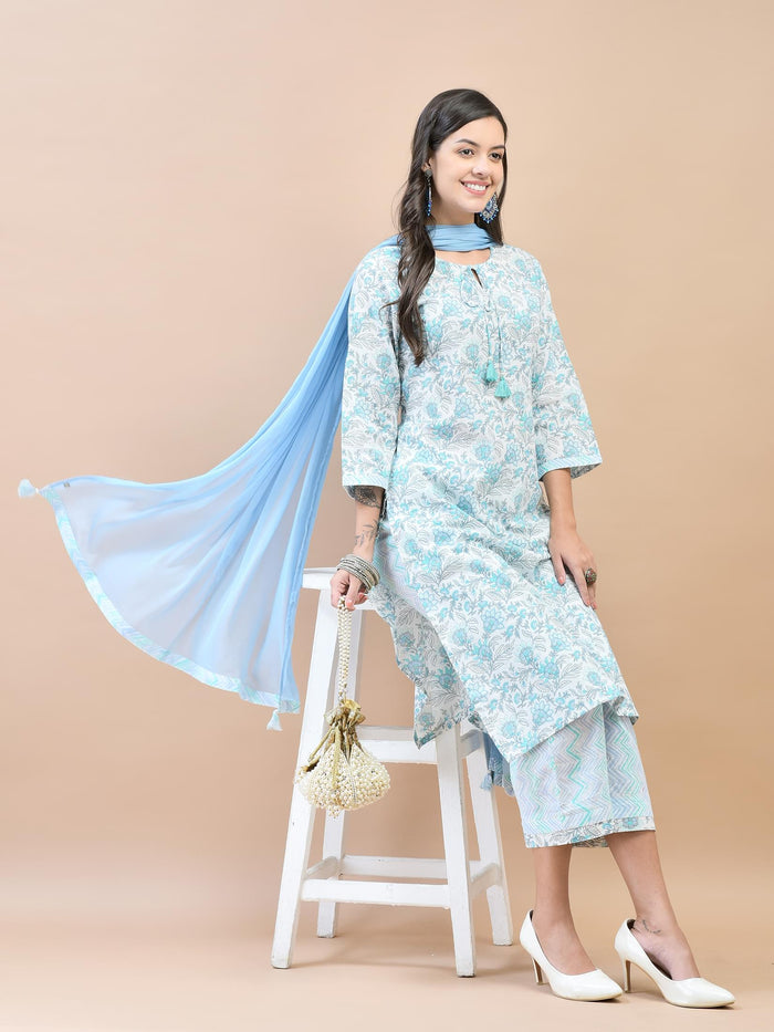 Women Cotton Blue Floral Print Kurta Comfort Pant Dupatta.