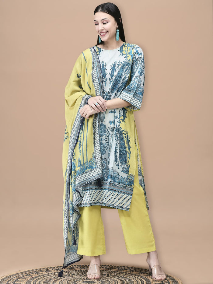 Women Cotton Blue Floral Print Kurta Comfort Pant Dupatta.