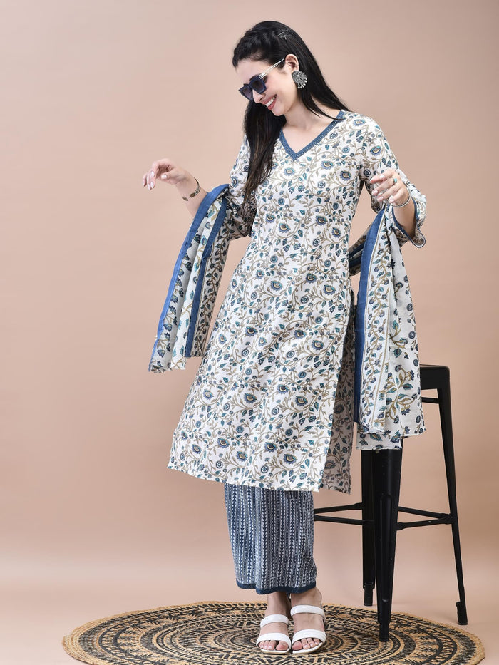 Women Cotton Off-White Blue Floral Print Kurta Comfort Pant Dupatta.