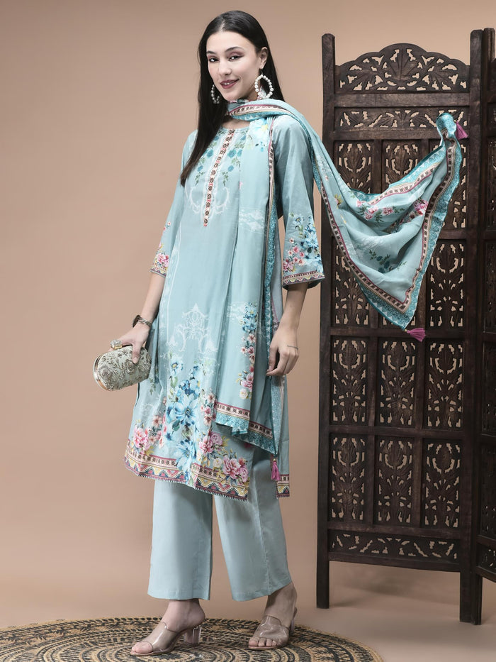 Women Cotton Blue Floral Print Kurta Comfort Pant Dupatta.