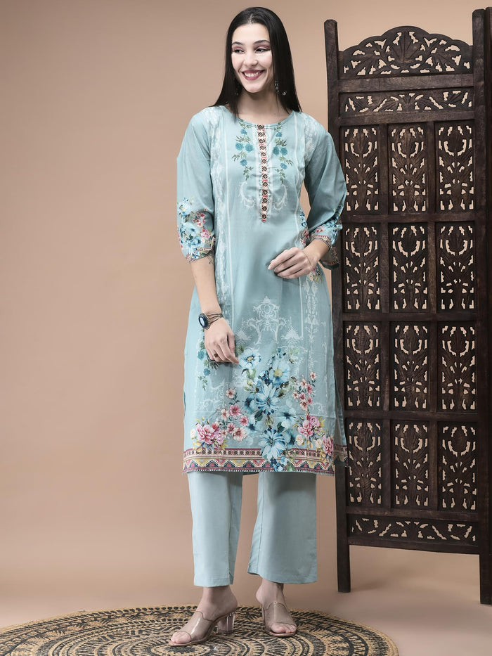 Women Cotton Blue Floral Print Kurta Comfort Pant Dupatta.