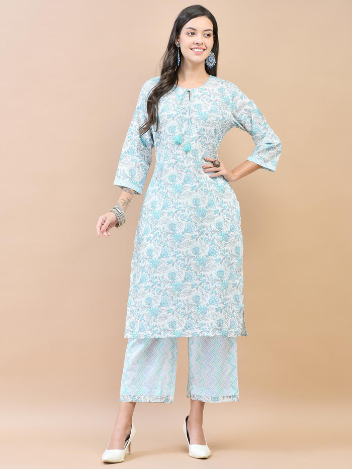 Women Cotton Blue Floral Print Kurta Comfort Pant Dupatta.