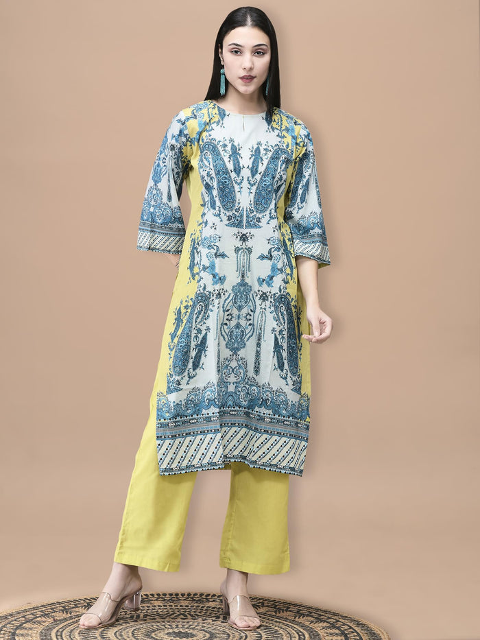 Women Cotton Blue Floral Print Kurta Comfort Pant Dupatta.