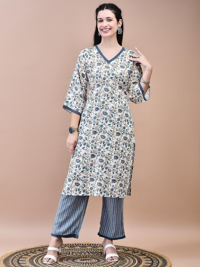Women Cotton Off-White Blue Floral Print Kurta Comfort Pant Dupatta.