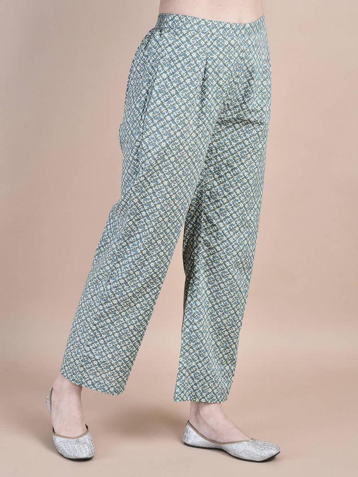 Women Cotton Blue Floral Print Kurta Comfort Pant Dupatta.