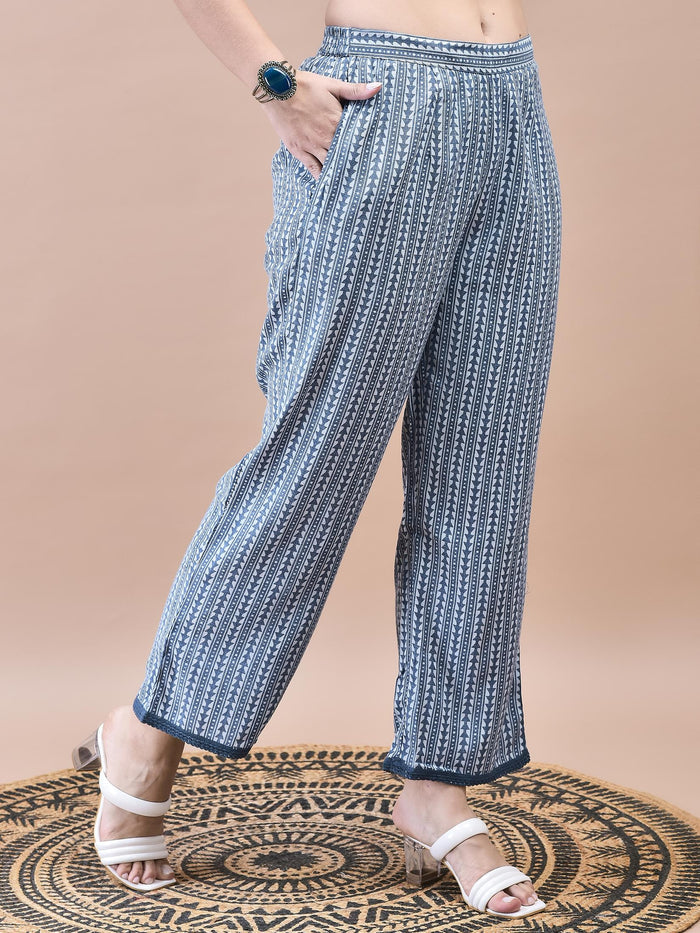 Women Cotton Off-White Blue Floral Print Kurta Comfort Pant Dupatta.
