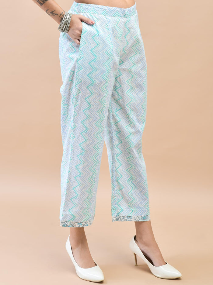Women Cotton Blue Floral Print Kurta Comfort Pant Dupatta.