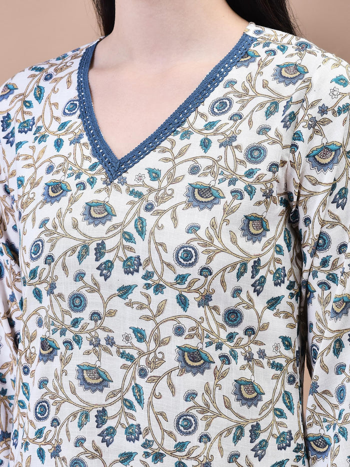 Women Cotton Off-White Blue Floral Print Kurta Comfort Pant Dupatta.