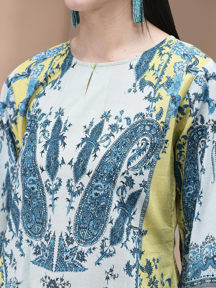 Women Cotton Blue Floral Print Kurta Comfort Pant Dupatta.