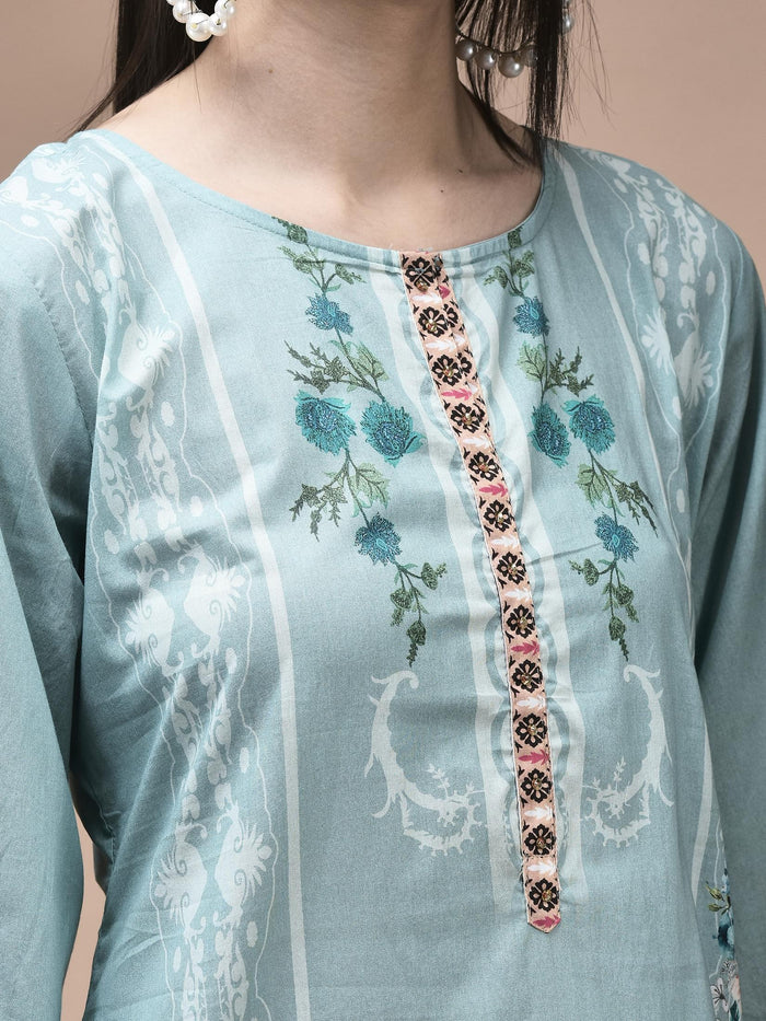 Women Cotton Blue Floral Print Kurta Comfort Pant Dupatta.