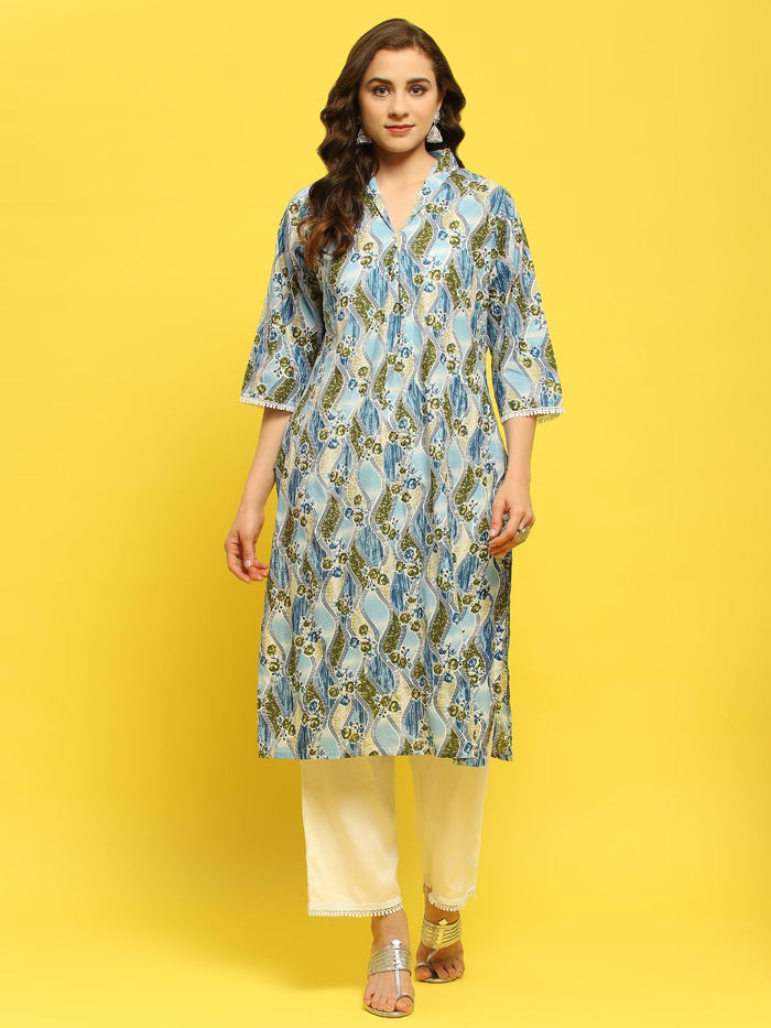 Women Cotton Blue Floral Print Kurta With Comfort Pant.