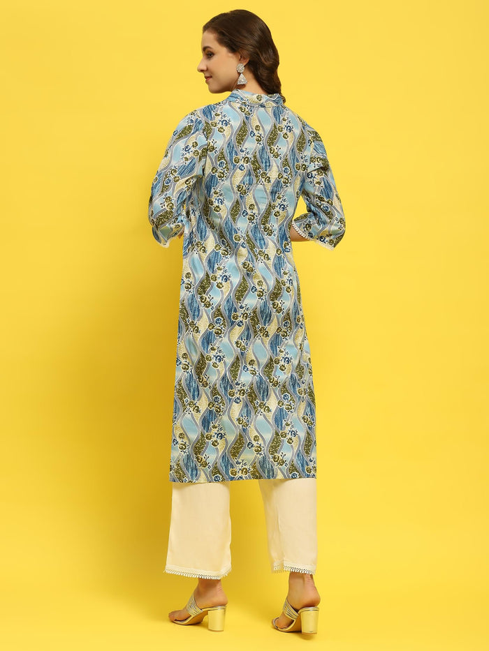 Women Cotton Blue Floral Print Kurta With Comfort Pant.