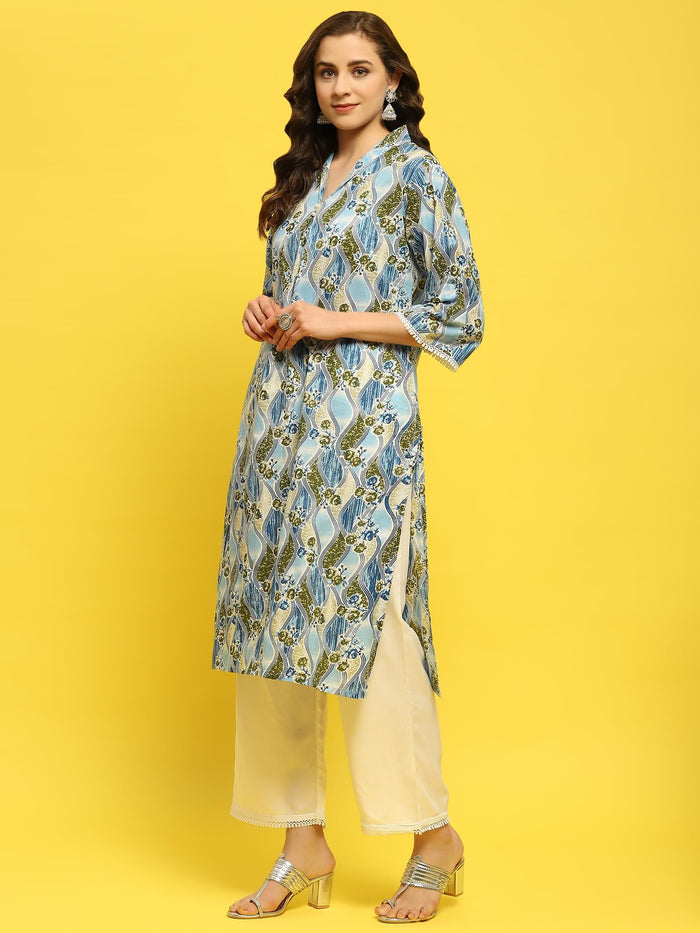 Women Cotton Blue Floral Print Kurta With Comfort Pant.