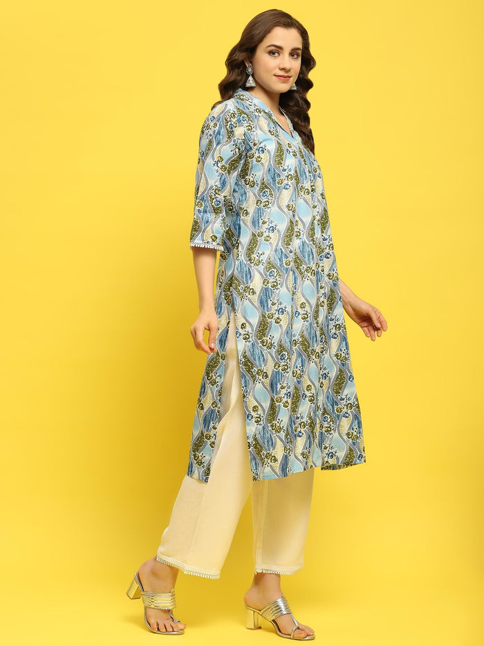 Women Cotton Blue Floral Print Kurta With Comfort Pant.