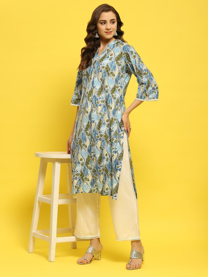 Women Cotton Blue Floral Print Kurta With Comfort Pant.