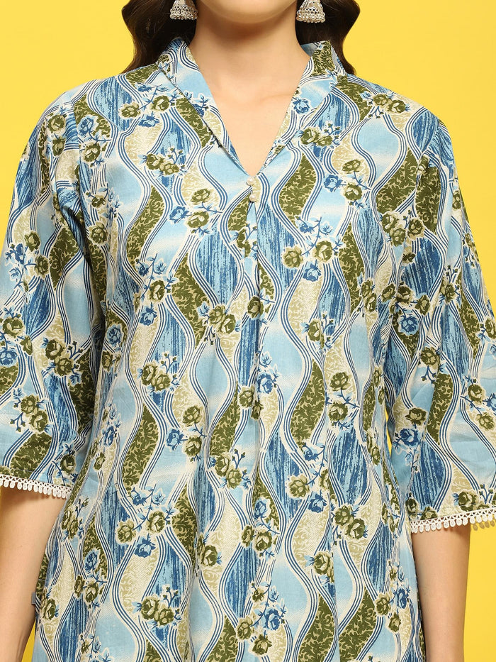 Women Cotton Blue Floral Print Kurta With Comfort Pant.