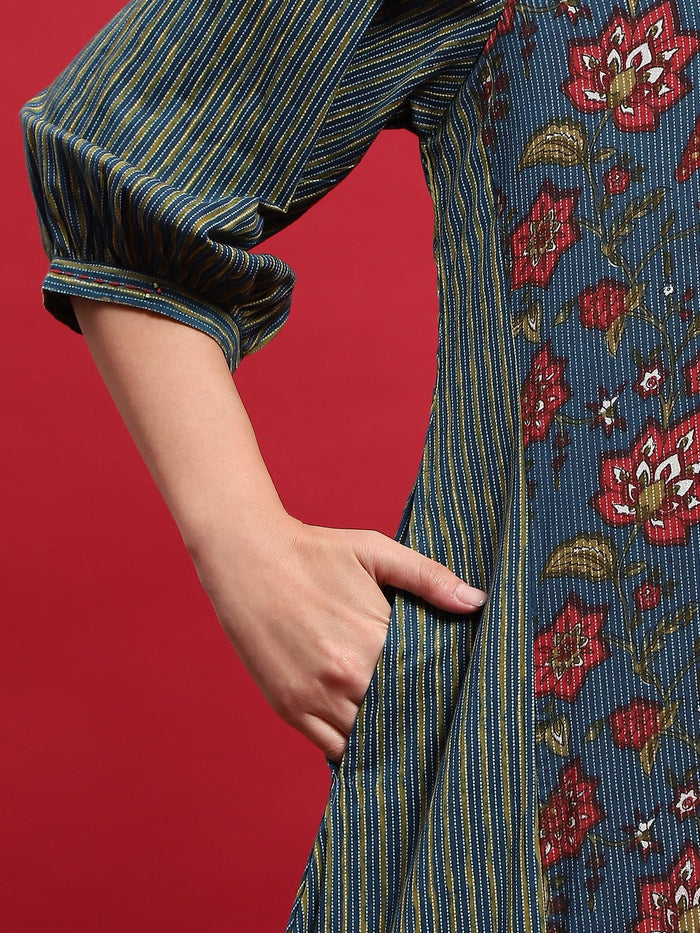 Women Cotton Blue Floral Print Kurta With Comfort Pant.