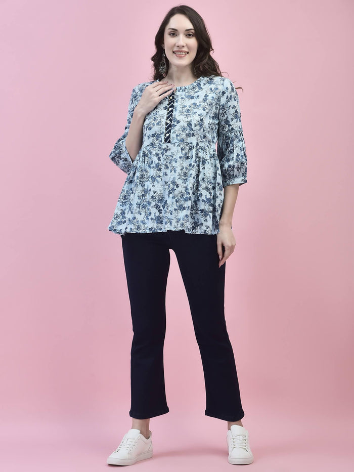 Women Cotton Blue Floral Print Tunic.