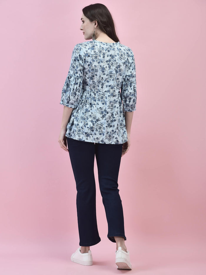Women Cotton Blue Floral Print Tunic.