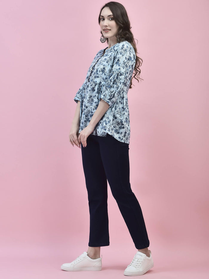 Women Cotton Blue Floral Print Tunic.