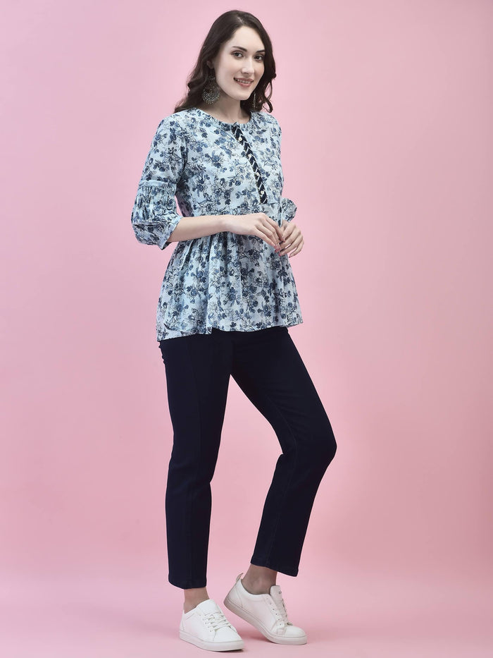 Women Cotton Blue Floral Print Tunic.