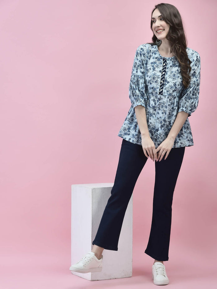 Women Cotton Blue Floral Print Tunic.