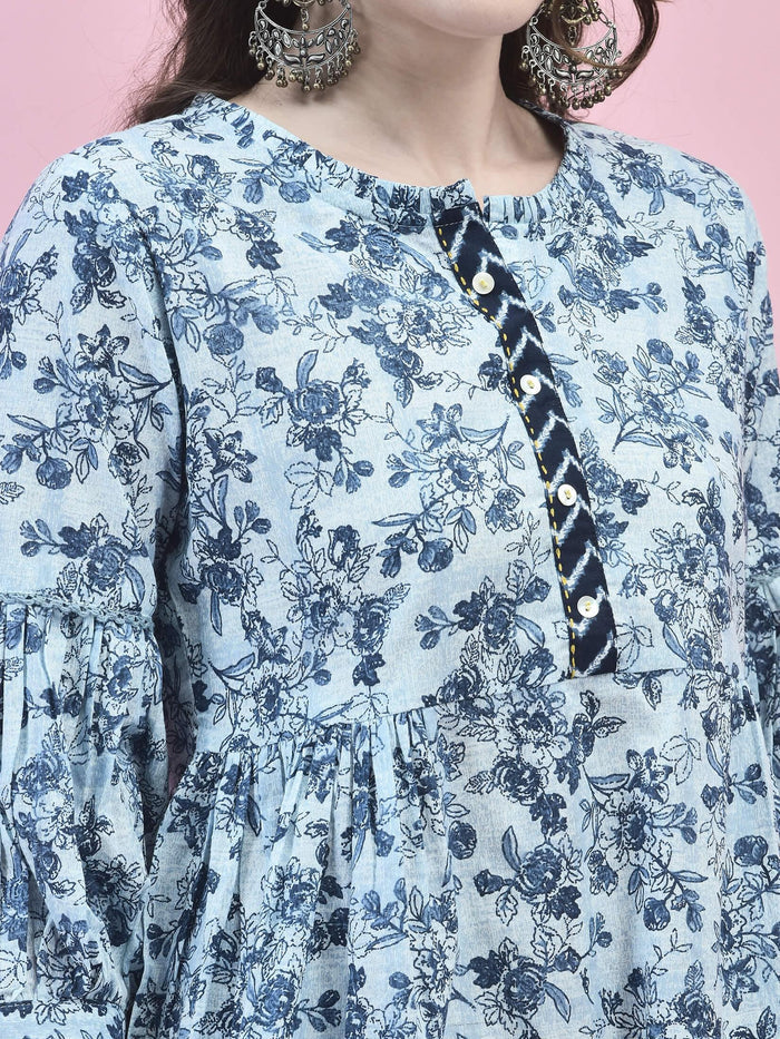 Women Cotton Blue Floral Print Tunic.