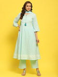 Women Cotton Blue Geometric Print Kurta Comfort Pant Dupatta.