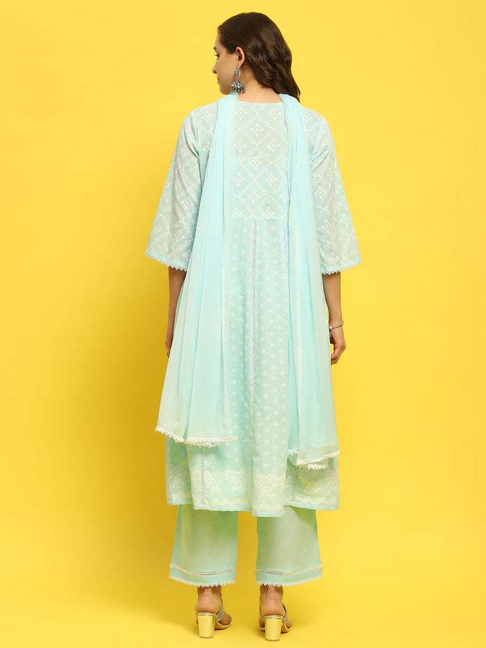Women Cotton Blue Geometric Print Kurta Comfort Pant Dupatta.